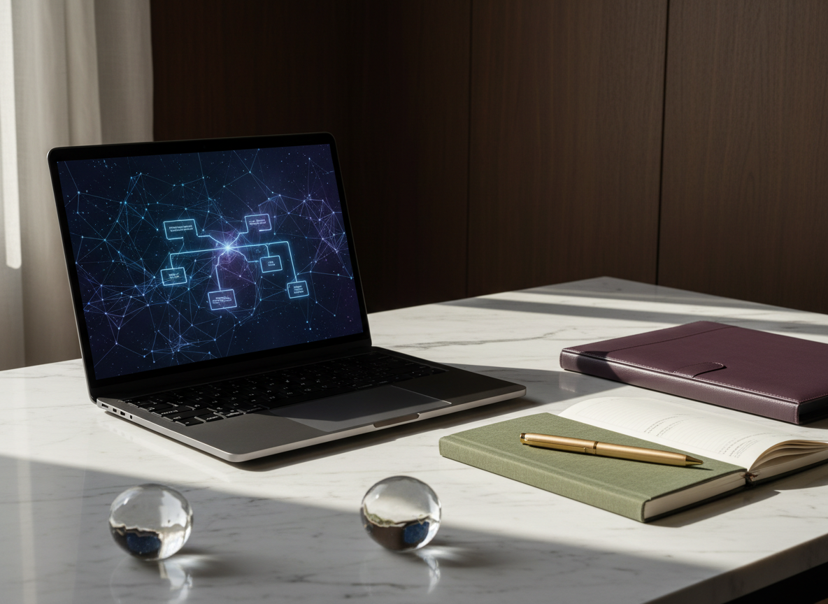 Luxury editorial SEO workspace with abstract AI search results, marble, olive, plum and gold details.