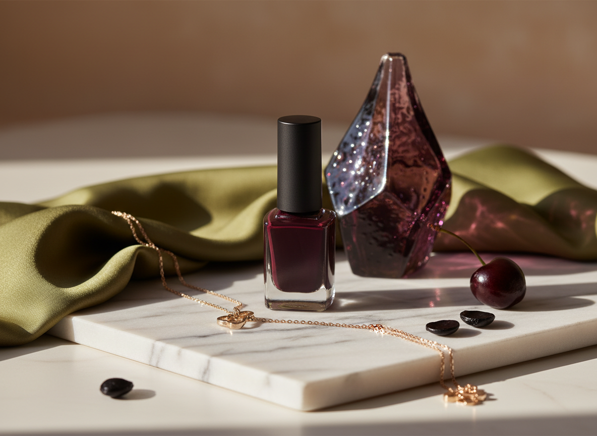 Luxury black cherry nail-color editorial with deep burgundy polish, marble, plum glass and gold details.