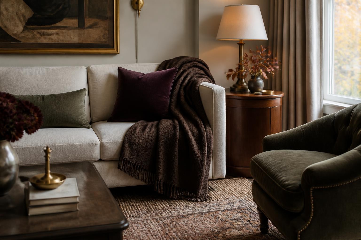 Small living room layered with warm textiles, a lamp and restrained fall accents