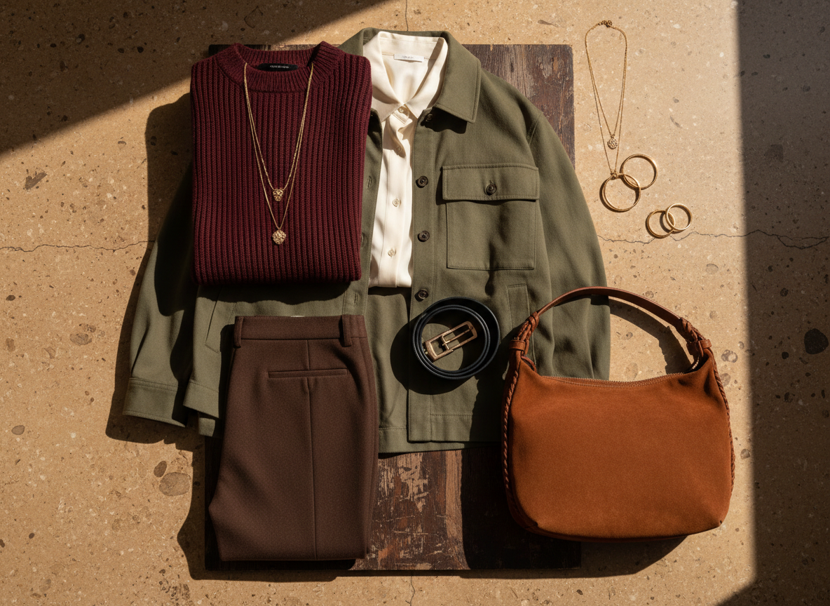 Fall capsule wardrobe in chocolate brown, burgundy, olive, ivory and black.
