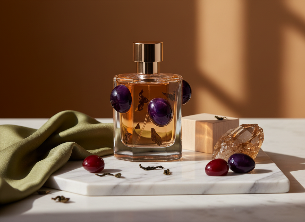 Luxury fall fragrance still life with dark fruit, tea, amber tones, marble and plum glass.