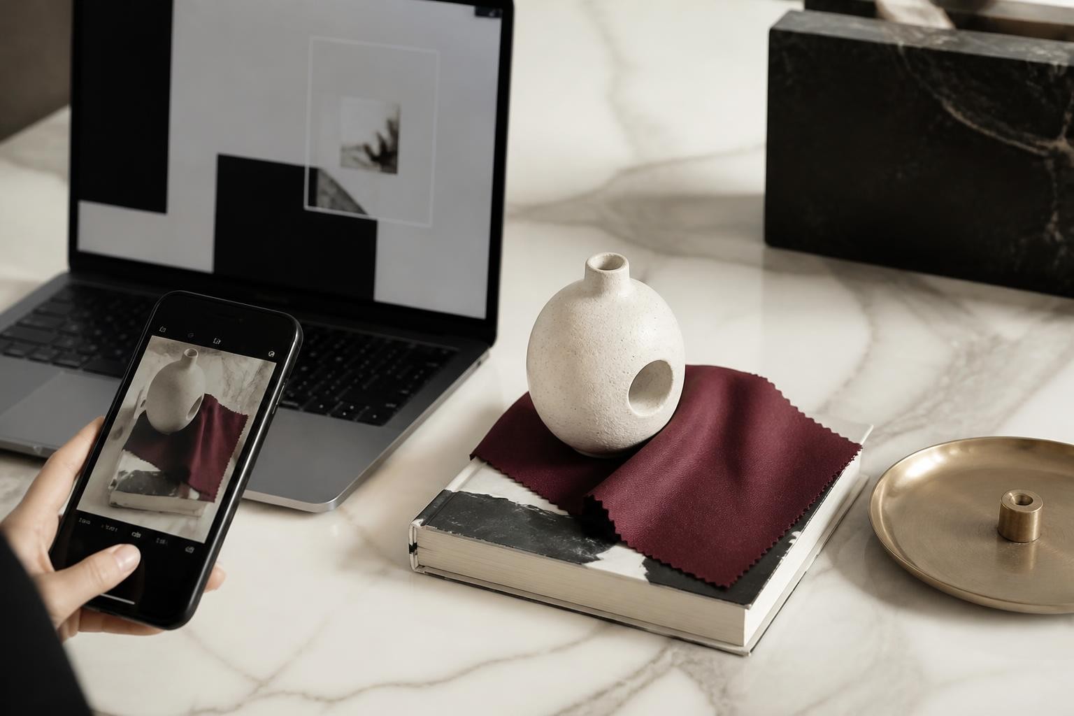 Smartphone camera and objects arranged for visual search on a marble desk
