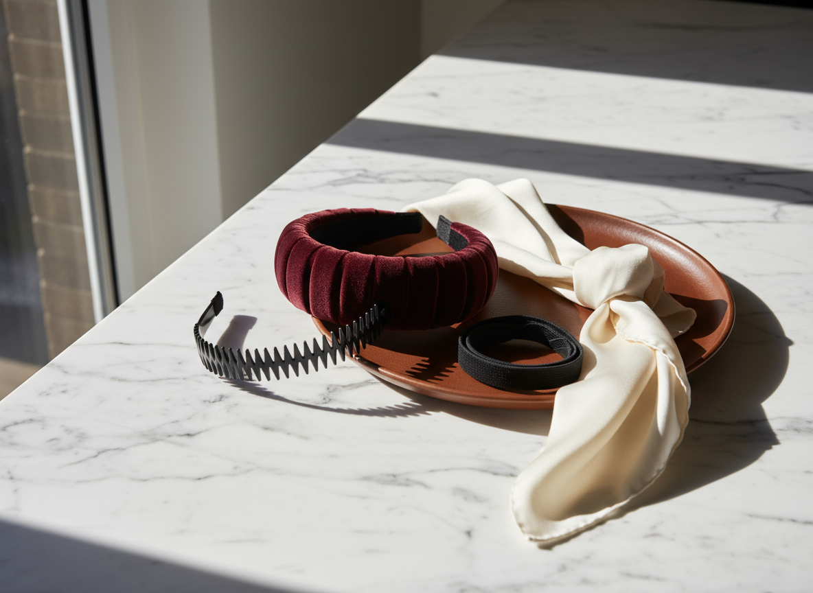 Black zigzag, padded burgundy and elastic headbands styled with an ivory scarf