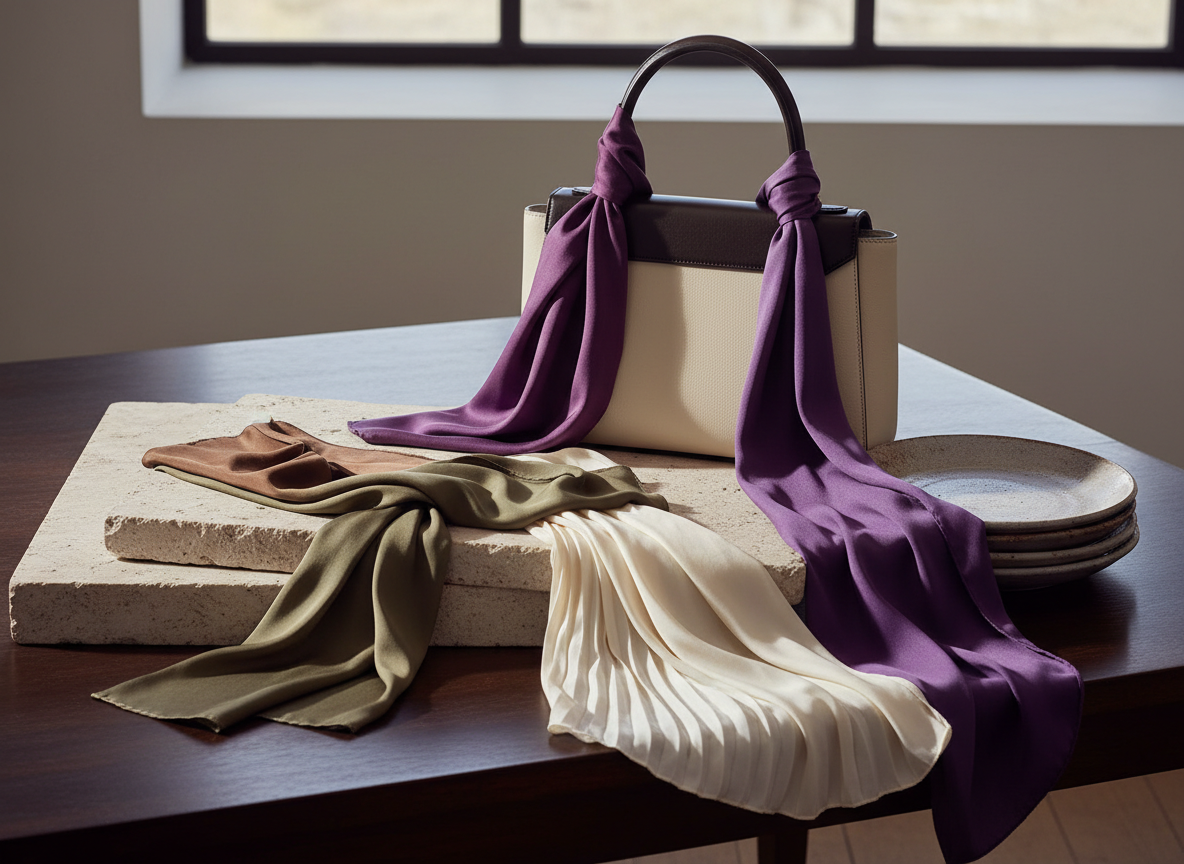 Silk scarves in fall colors styled on stone and dark wood