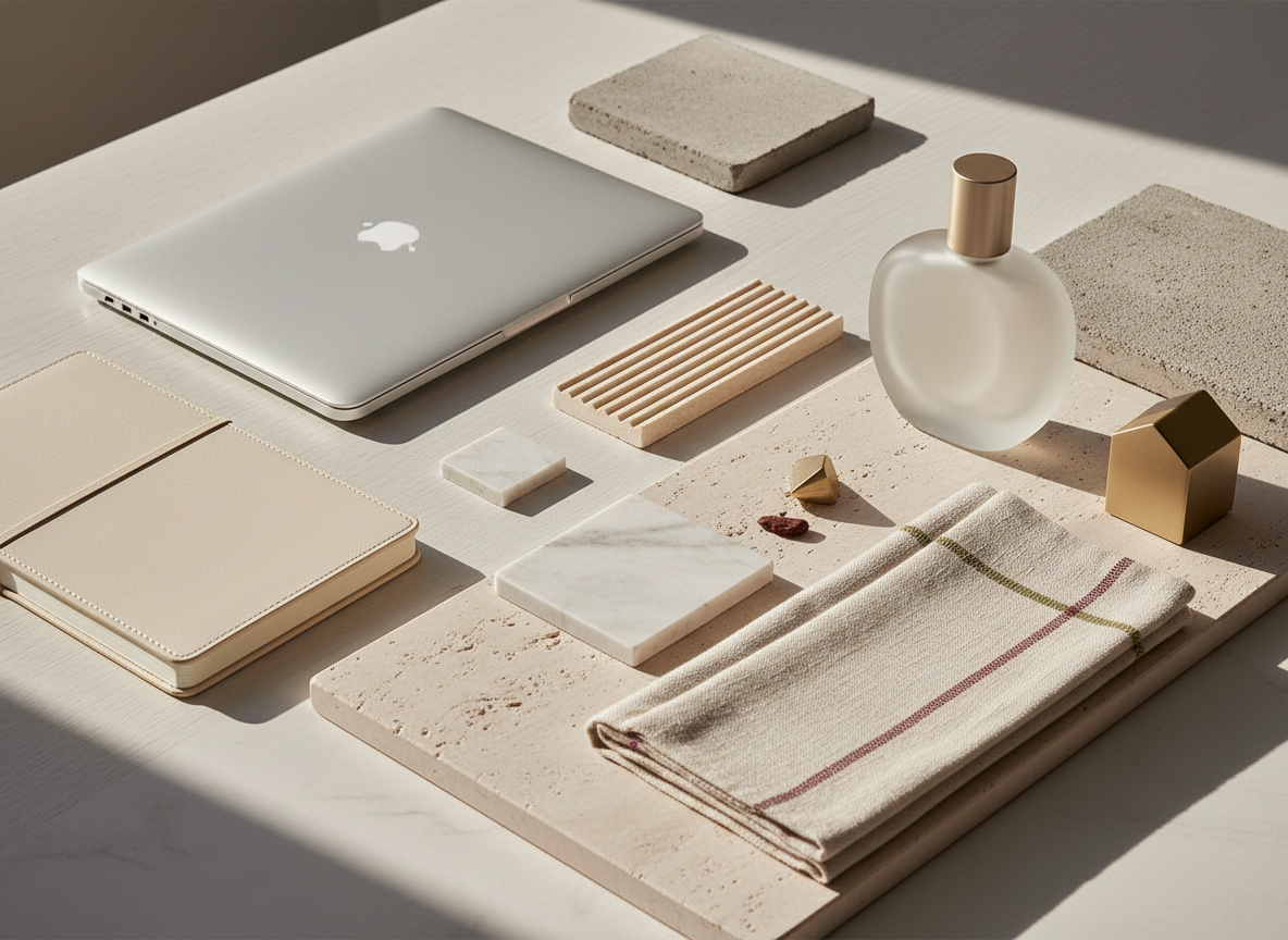 Editorial still life combining a refined desk, interior materials, notebook, and beauty objects in a neutral palette.
