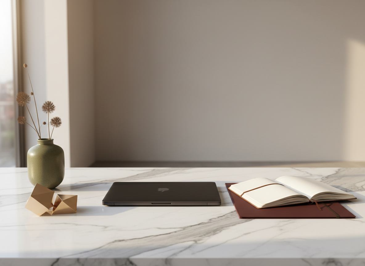 Editorial workspace with laptop, marble desk, chocolate leather, olive and maroon accents.
