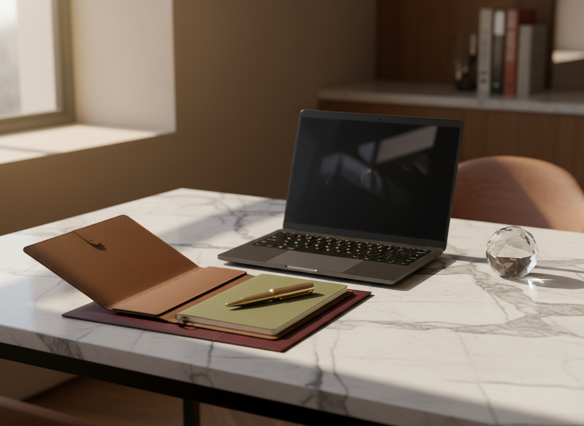 Luxury business planning workspace with marble, dark wood, olive and burgundy details.