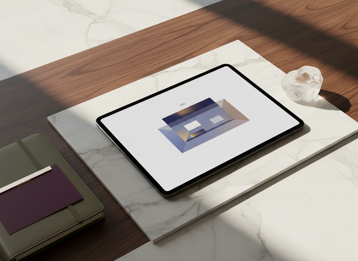 Editorial digital commerce setup with black tablet, marble, olive and plum details.