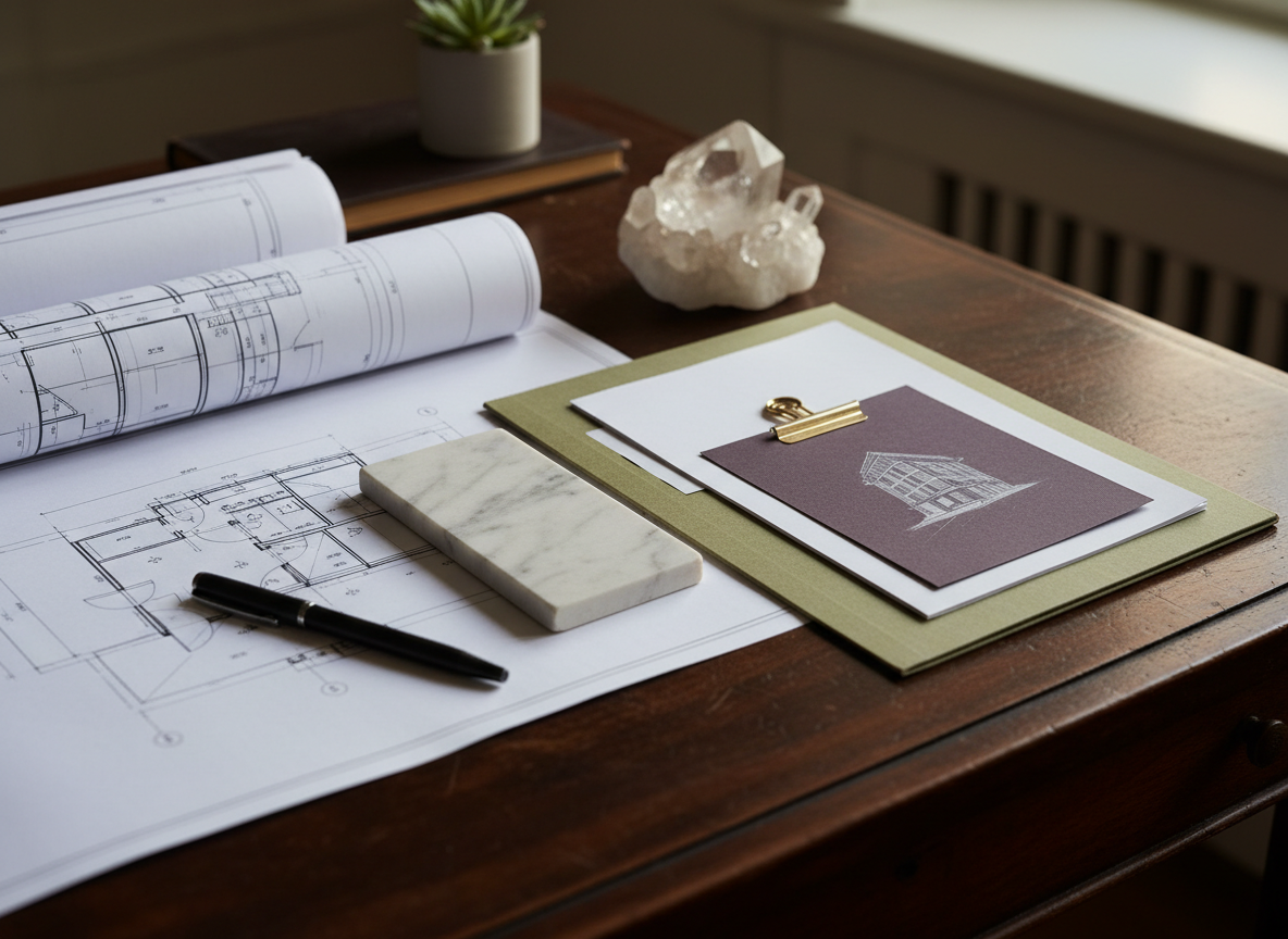 Editorial renovation change-order desk with plans, marble, dark wood and champagne-gold accents.