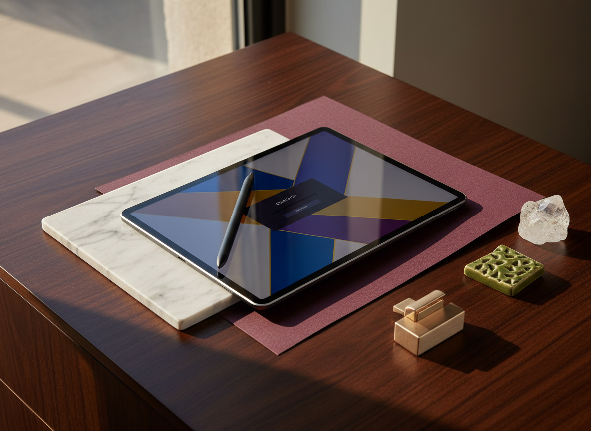 Luxury digital-product checkout planning scene with dark wood, marble and maroon accents.