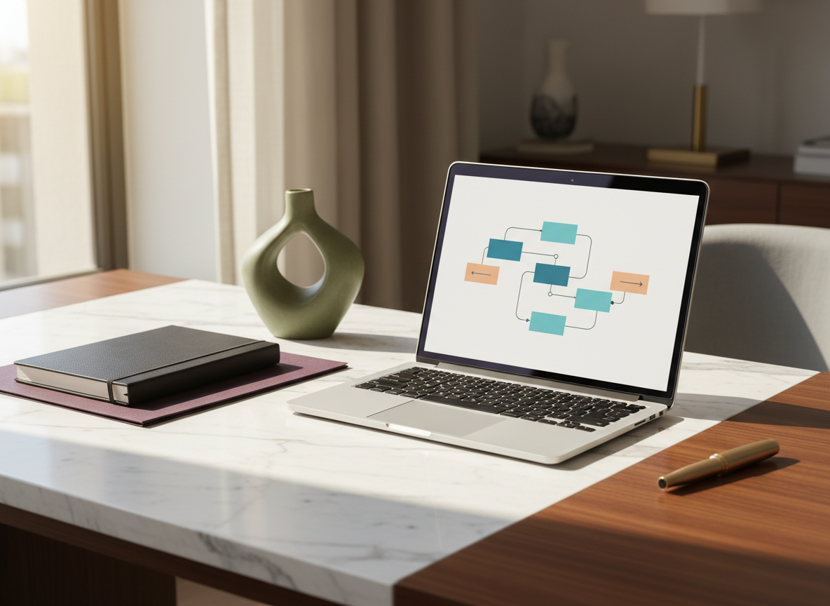 Editorial email automation workspace with plum folder, marble and gold details.