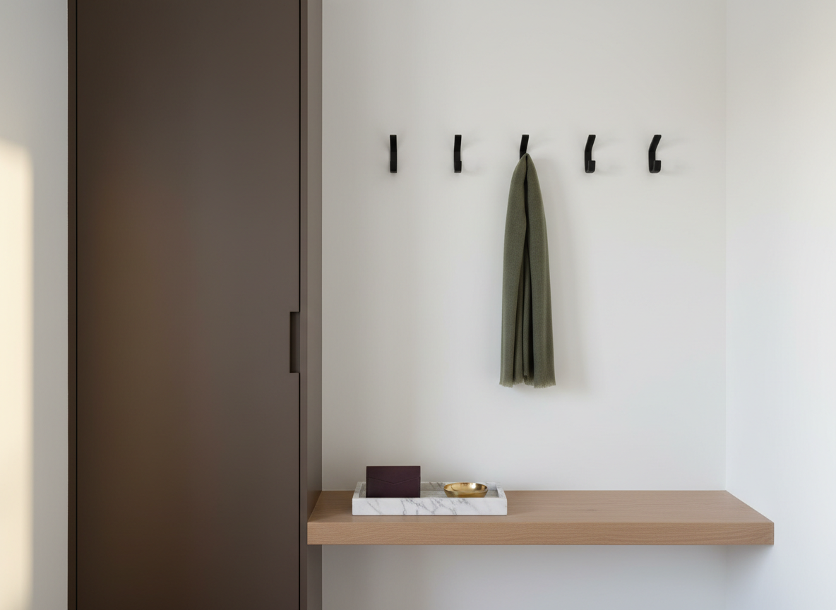 Luxury compact entryway with closed storage, black hooks, olive textile and marble tray.