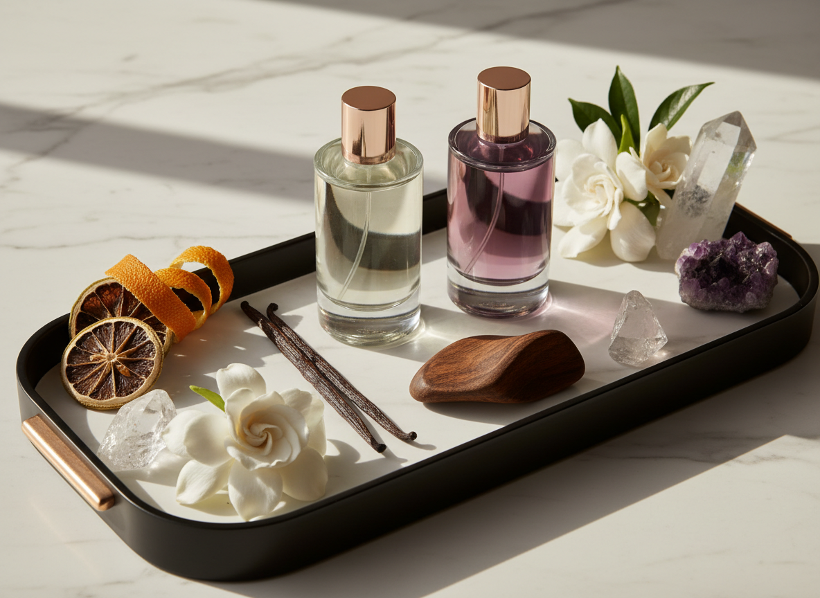Luxury fragrance notes still life with plum glass, vanilla, citrus, marble and crystal.