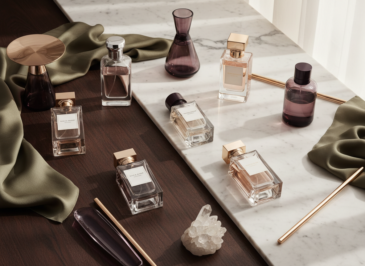 Curated fragrance wardrobe with six distinct unbranded bottles, marble, dark wood and olive accents.