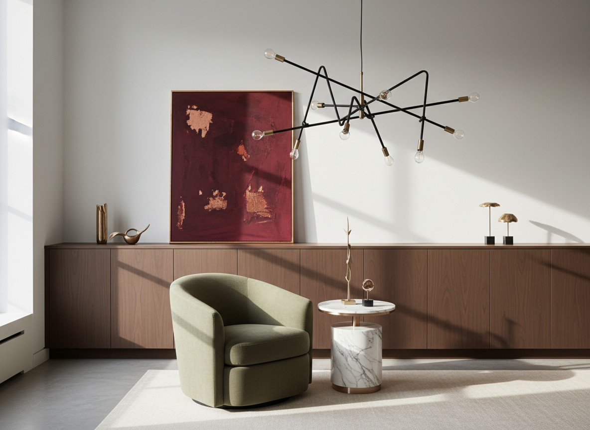 Refined apartment interior with chocolate wood, muted olive upholstery and Calacatta marble.