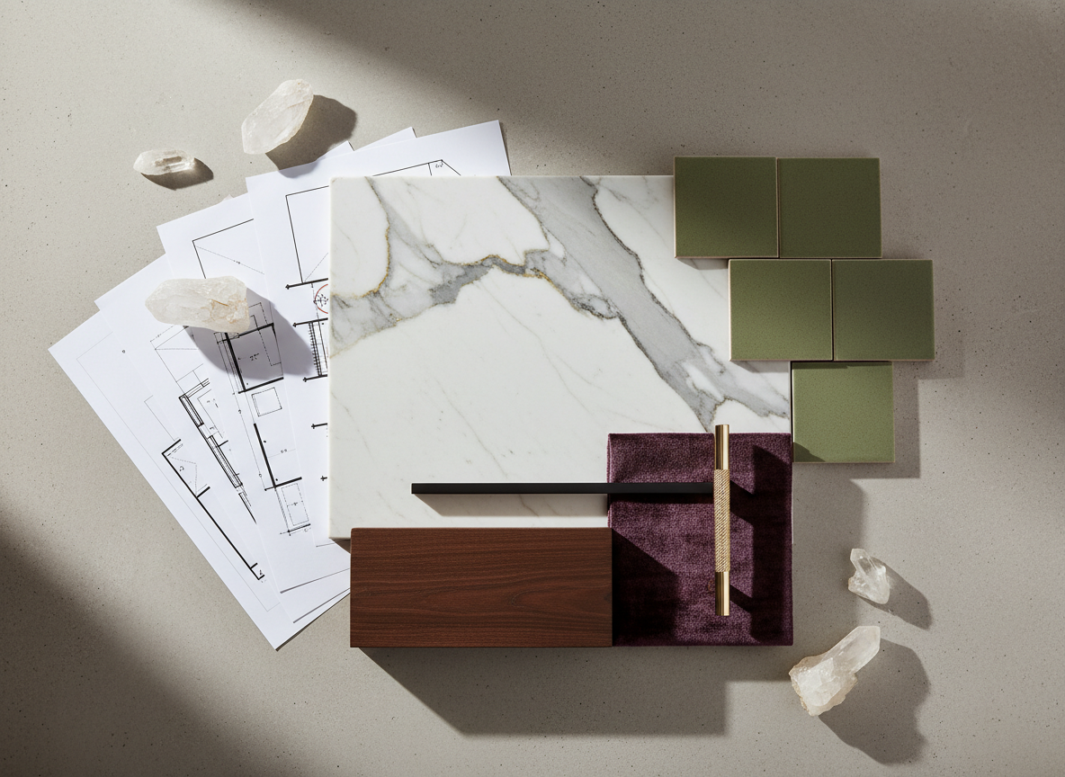 Luxury renovation material flat lay with marble, olive tile, dark wood and champagne-gold hardware.
