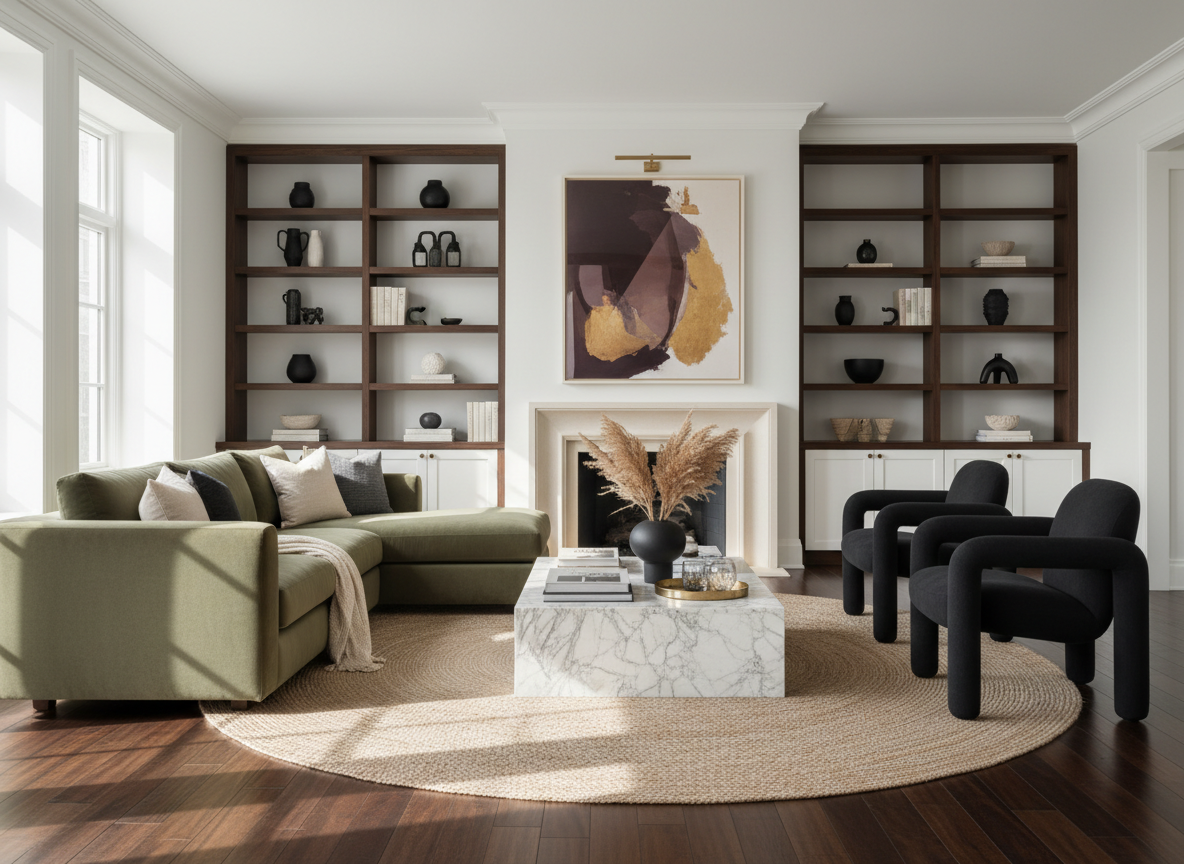 High-end living room with white walls, dark wood, olive upholstery and marble.