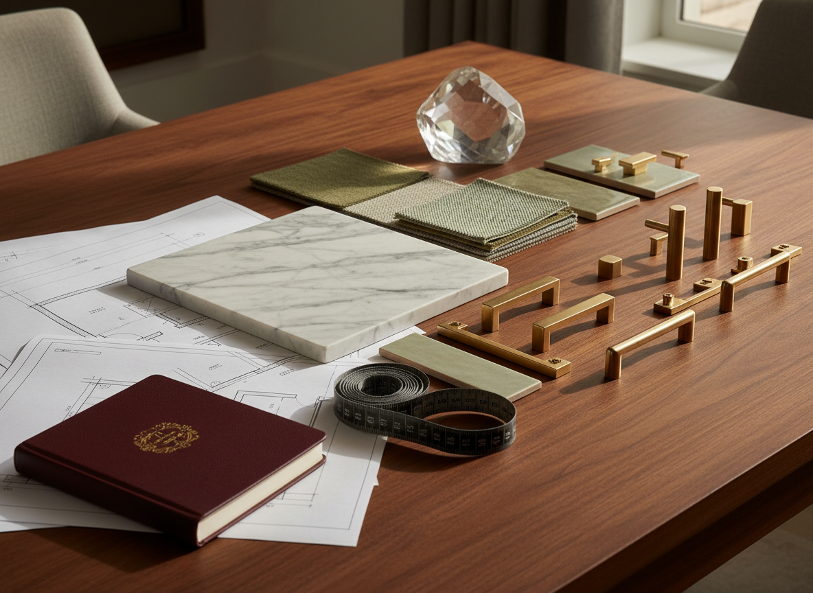 Luxury renovation planning scene with dark wood, olive samples, marble and champagne-gold hardware.