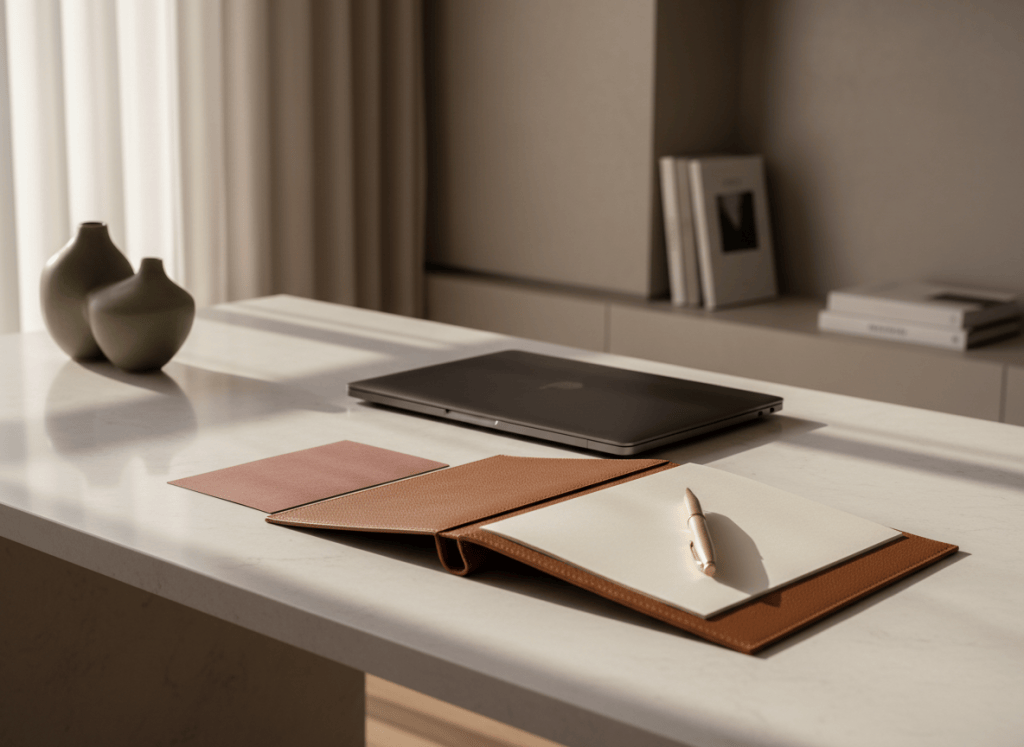 Luxury editorial home office with black, marble, olive and chocolate-brown details.