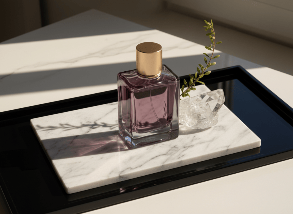 Editorial fragrance still life with plum glass, crystal, marble and champagne-gold details.