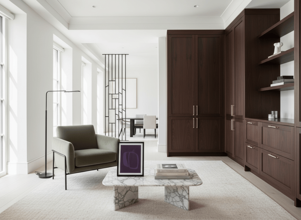 Elegant interior with white walls, chocolate wood, olive textiles and Calacatta marble.