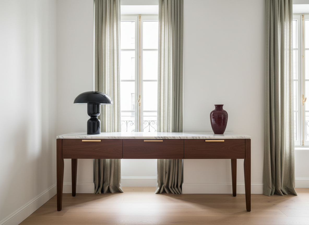 Editorial apartment scene with olive linen, chocolate wood, marble and burgundy accents.