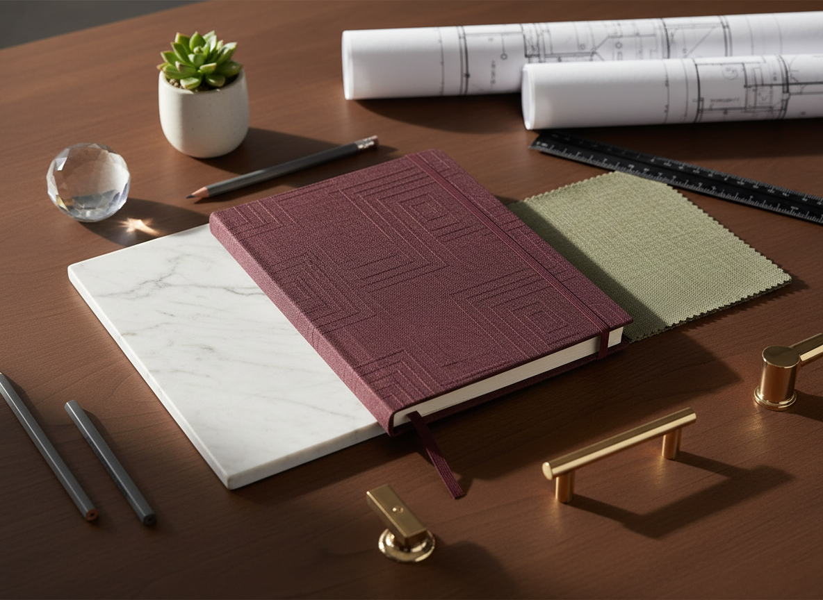 Luxury renovation planning flat lay with marble, dark wood, olive, maroon and champagne-gold details.