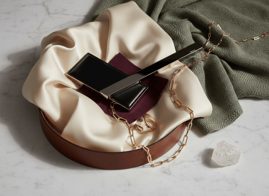 Luxury fashion still life with black, plum, olive, chocolate and champagne-gold accents.