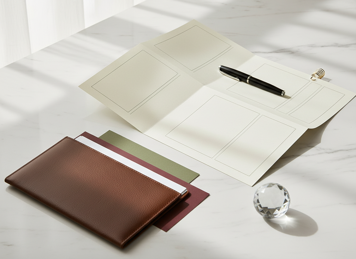 Luxury newsletter planning still life with paper, marble, olive and maroon accents.