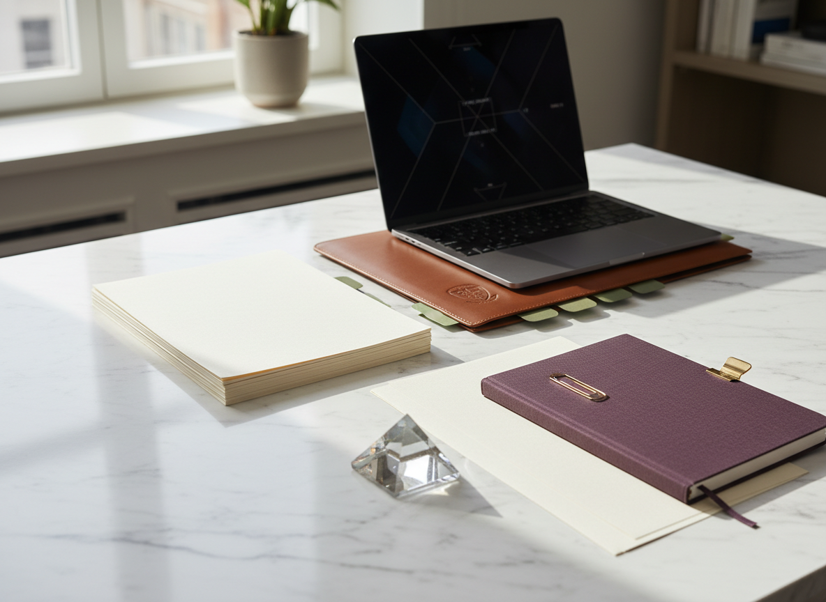 Editorial content strategy workspace with marble, dark wood, olive and plum details.