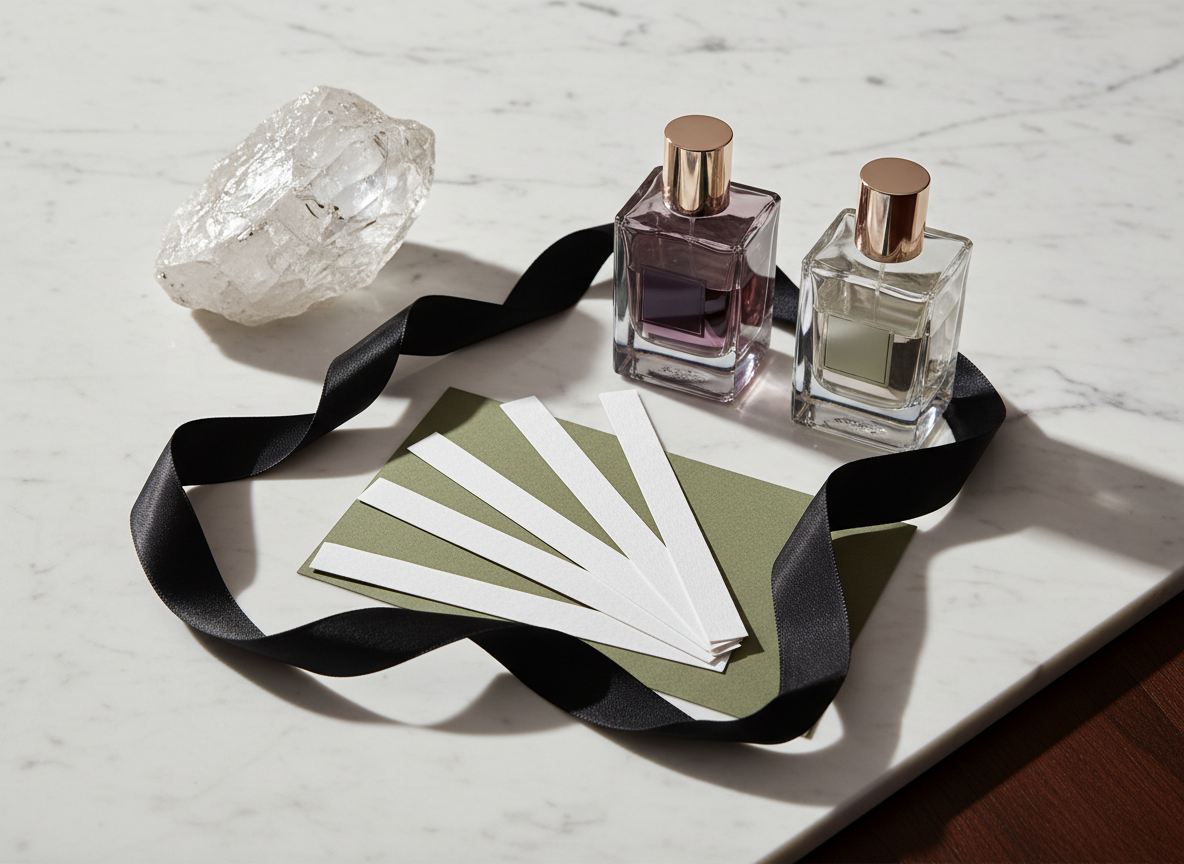 Editorial perfume testing scene with blotters, crystal, marble and plum accents.
