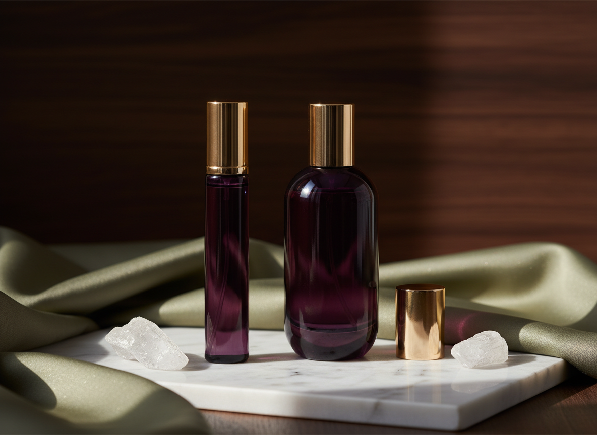 Luxury fragrance oil and eau de parfum bottles styled with marble, plum, olive and gold details.