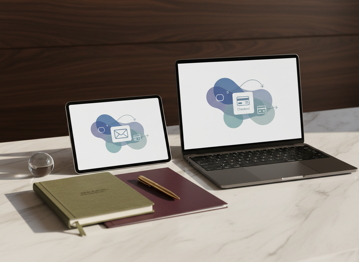 Luxury digital funnel planning workspace with visual content cards, email flow and checkout shapes.