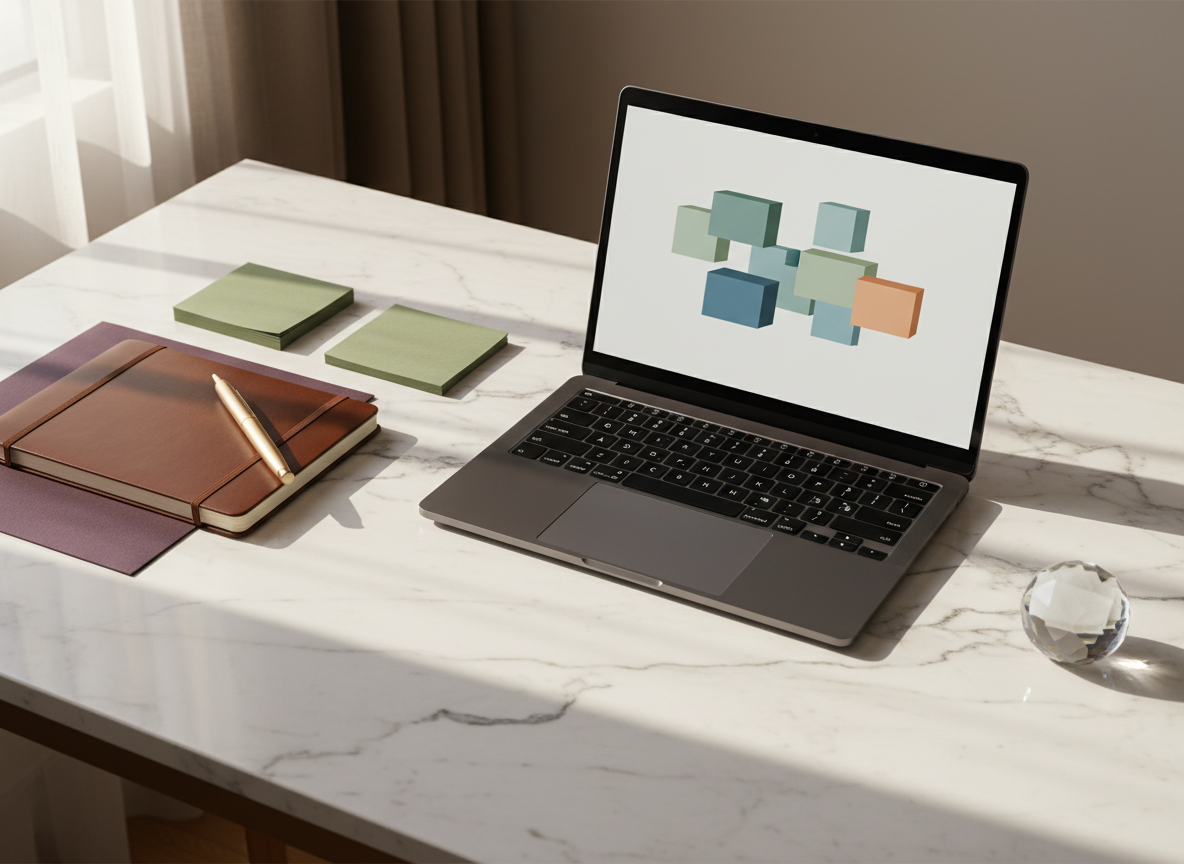 Editorial ecommerce strategy desk with marble, black laptop, olive notes and champagne-gold accents.