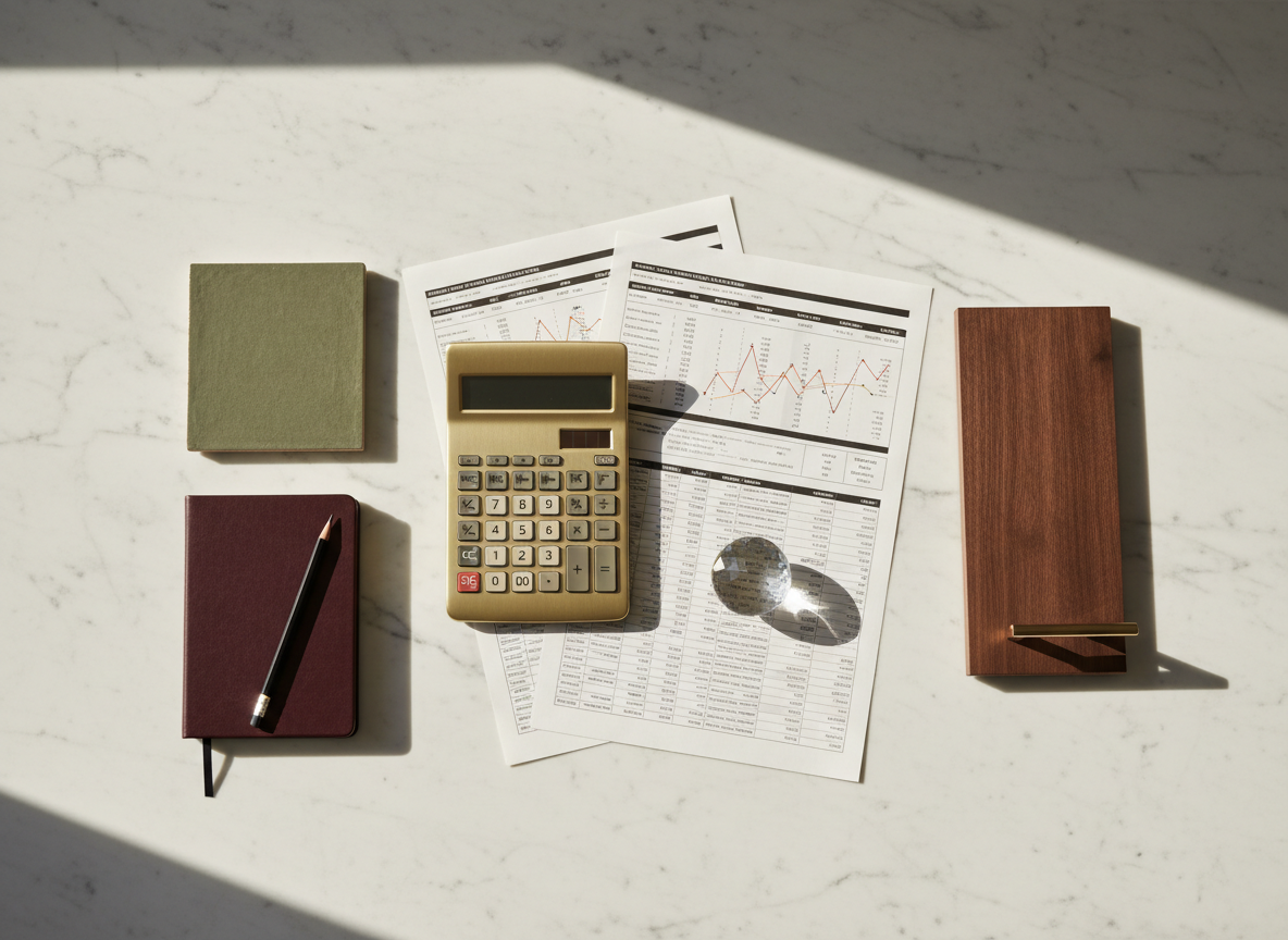 Luxury renovation budgeting scene with calculator, marble samples, olive tile and burgundy notebook.