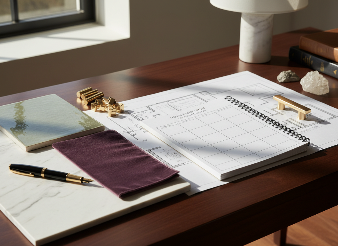 Luxury renovation planning workstation with workbook, plans, marble samples and dark wood.