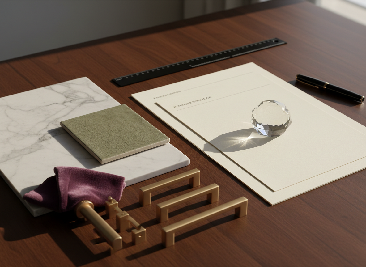 Editorial renovation purchasing scene with samples, planner, black tools and burgundy accents.