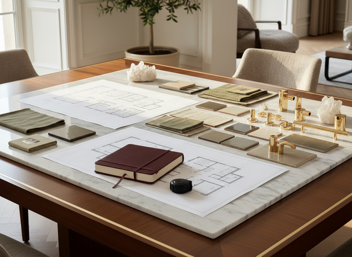 High-end renovation planning table with floor plans, stone, olive swatches and gold hardware.