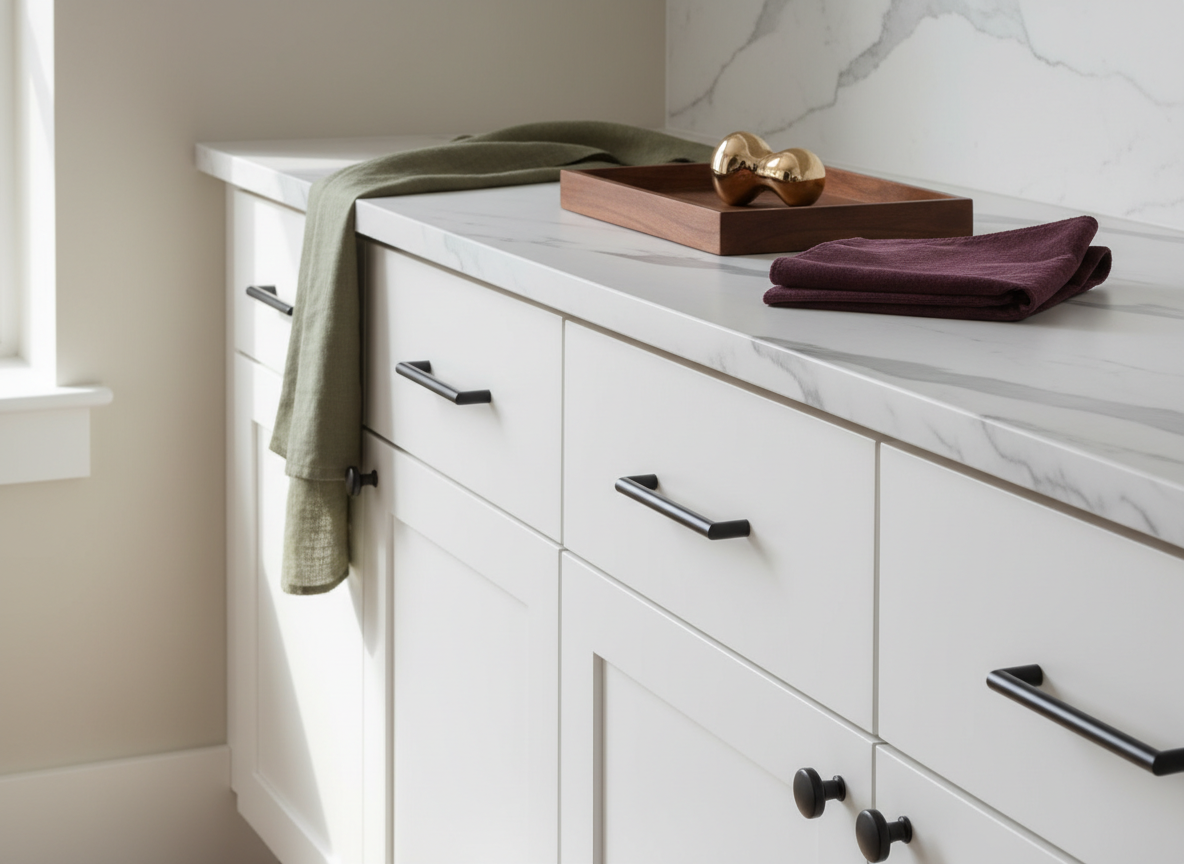 Luxury renter-friendly styling detail with olive textiles, black hardware, marble and plum accents.