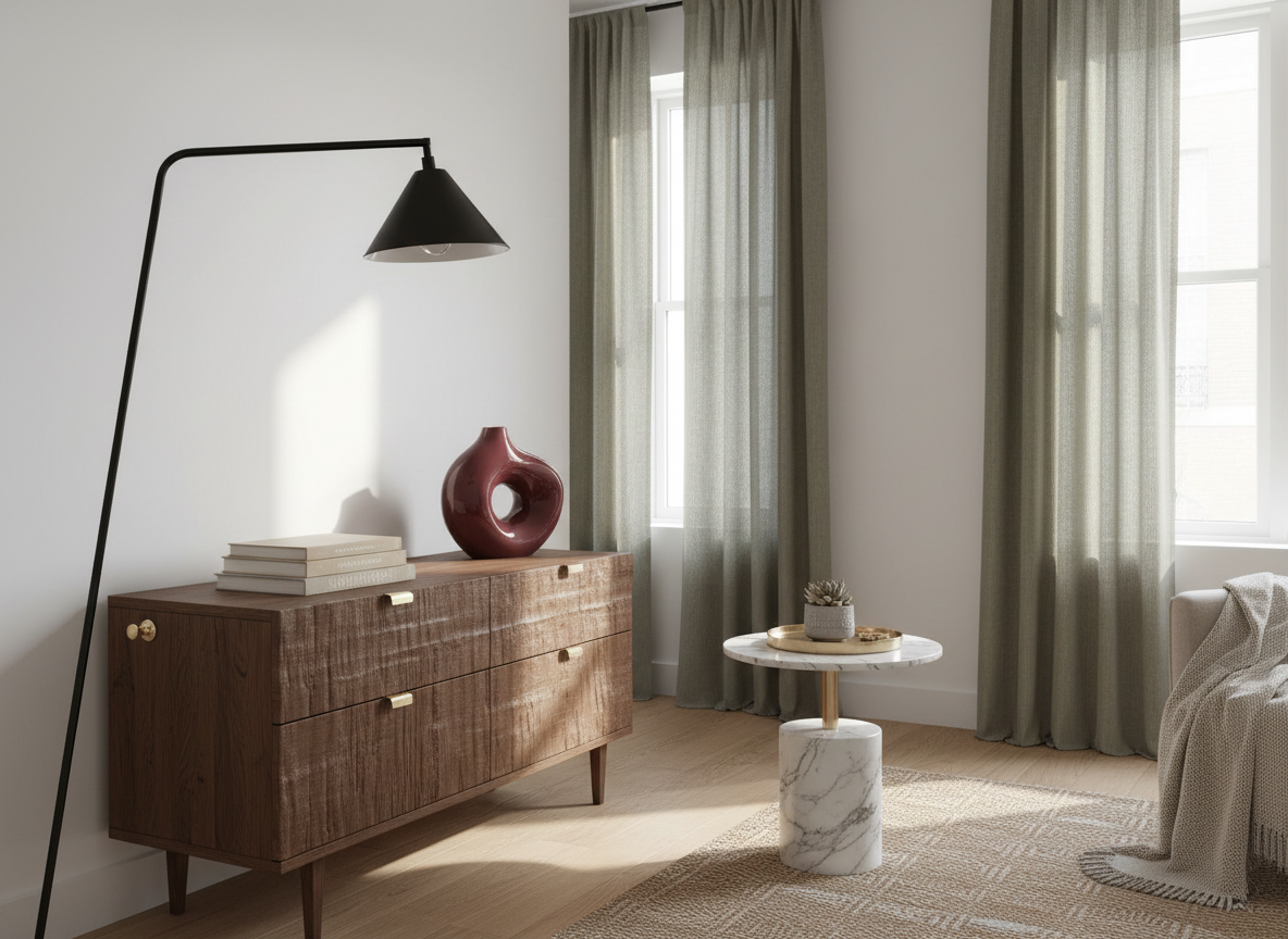 High-end rental apartment corner with olive curtains, marble table and champagne-gold hardware.