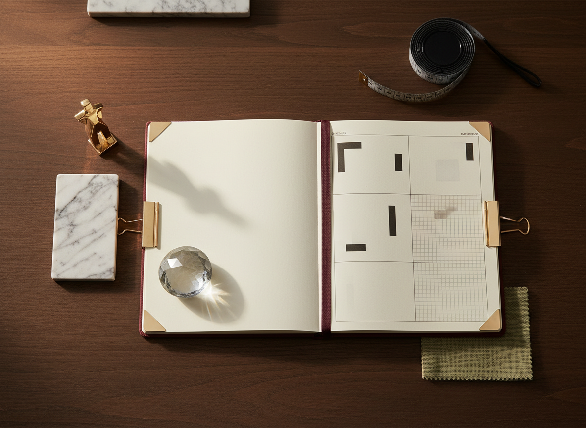 Editorial renovation workbook scene with plans, marble, chocolate wood and champagne-gold tools.