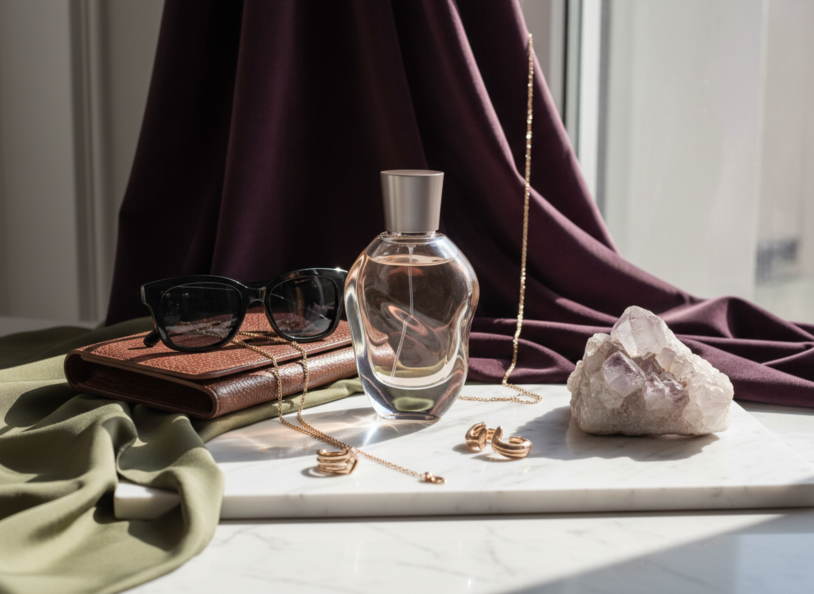 Luxury style and beauty still life with plum, black, olive, marble and gold.