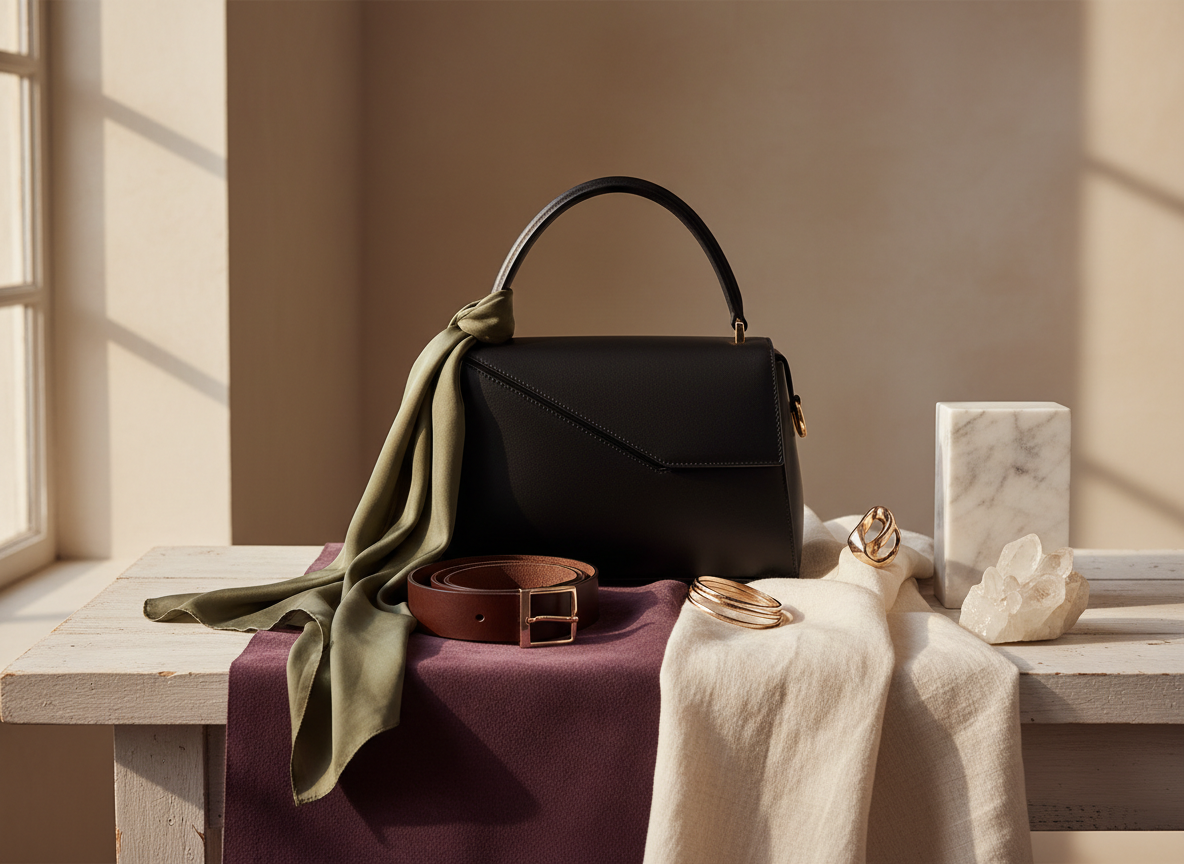 Luxury wardrobe still life with black, olive, plum, chocolate leather and champagne-gold details.