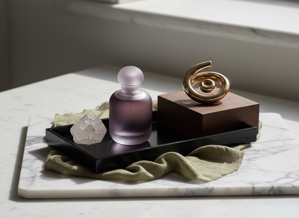 Editorial beauty vanity with plum glass, black tray, marble and muted olive accents.