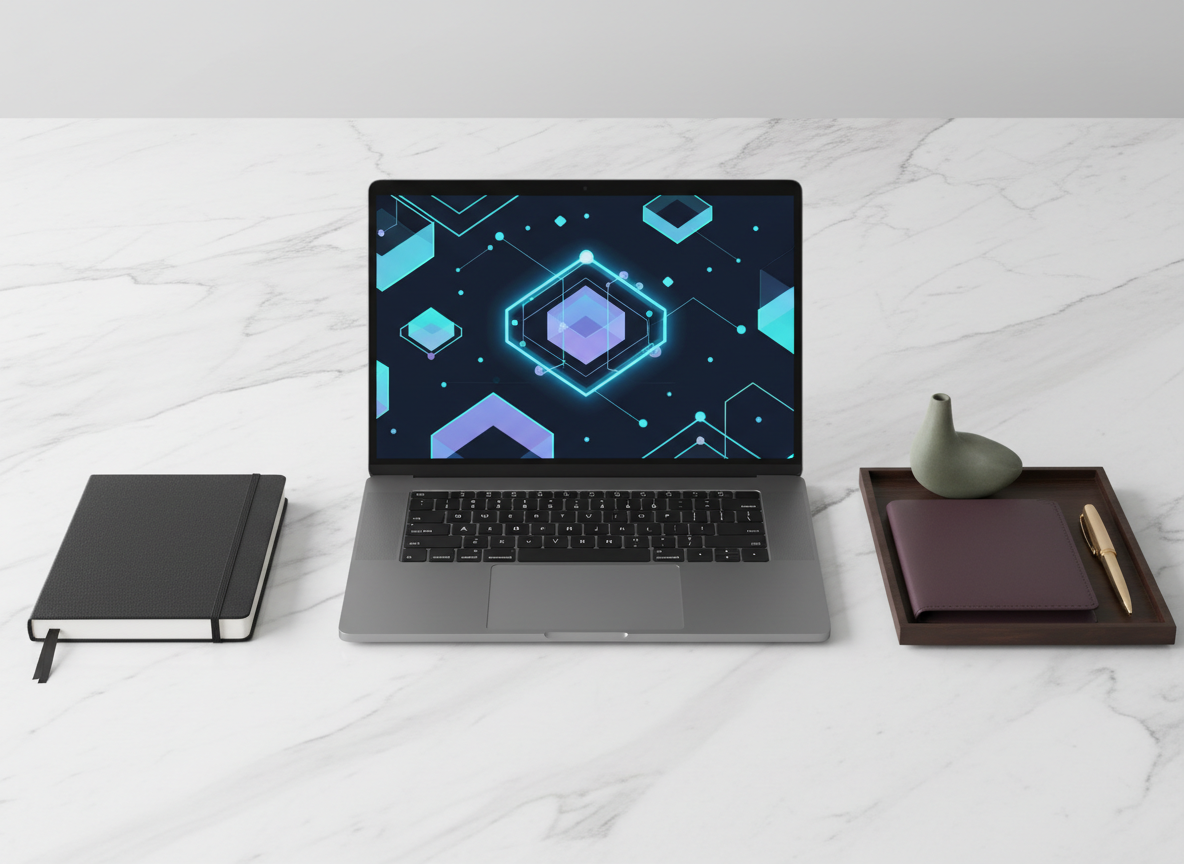 Luxury digital tools workspace with laptop, marble, black, plum and gold accents.