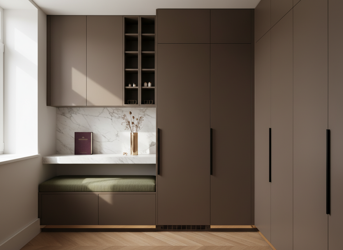 Sophisticated apartment storage using tall cabinetry, dark wood, olive and marble.